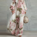 Payton | Peony Print Off-the-Shoulder Bishop-Sleeve Maxi Dress