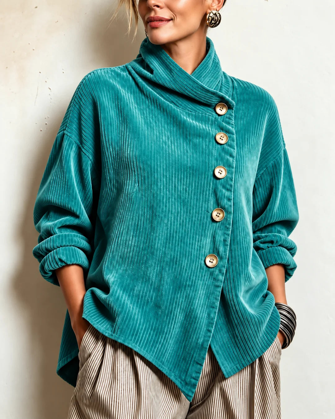 Ninah | Asymmetric Button Corduroy Turtleneck