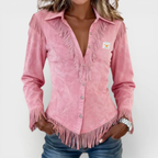 Cambrosa │ Suede Fringe Button-Up Blouse