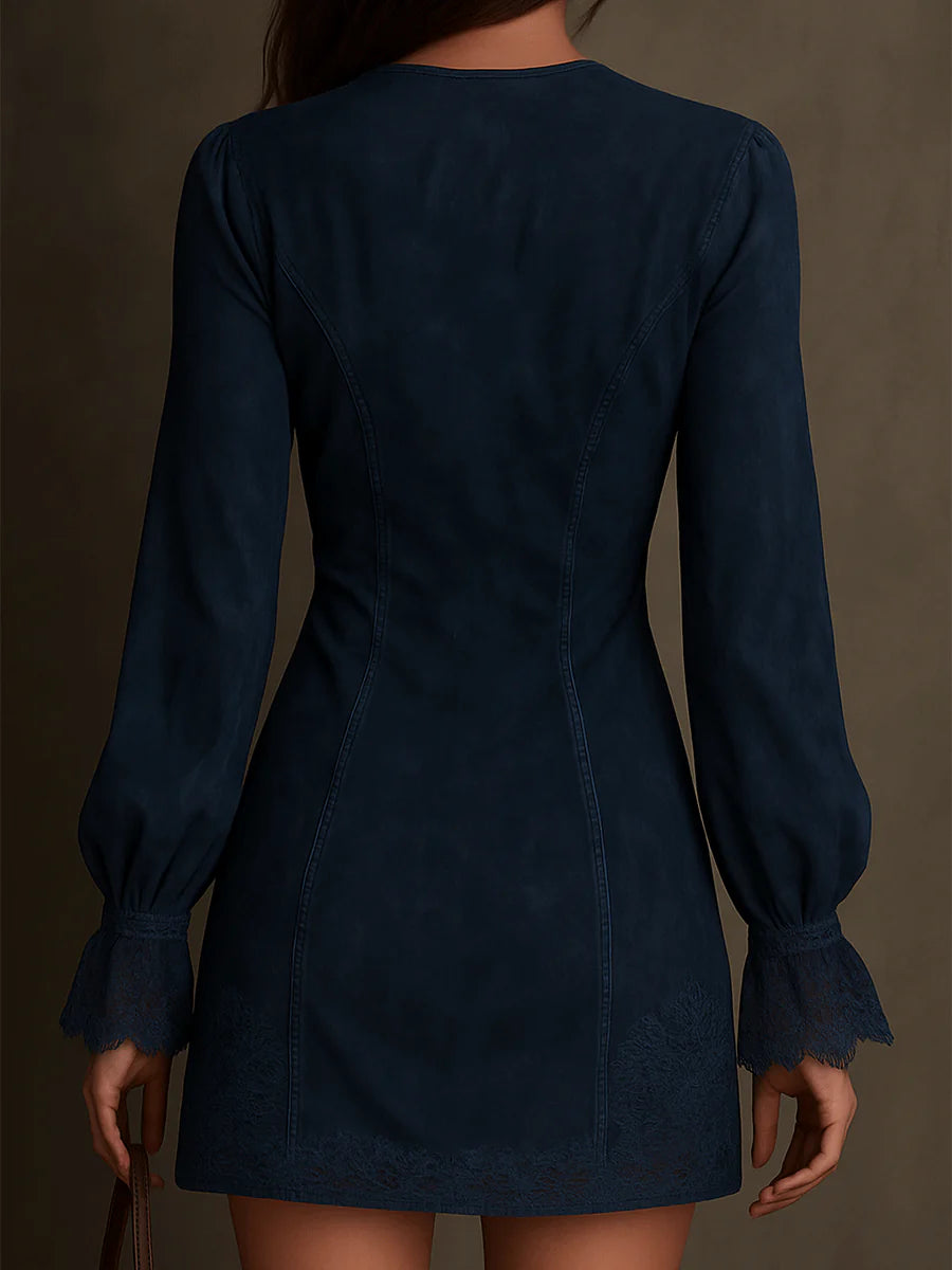 Azulena | Robe mini vintage en daim avec dentelle