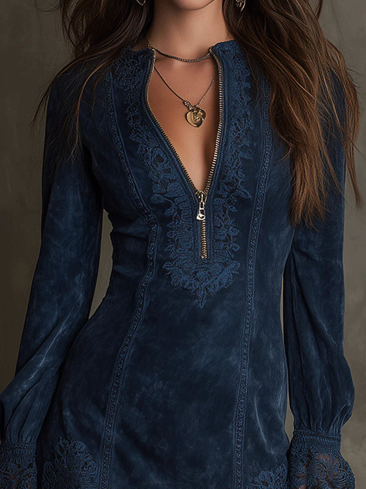 Azulena | Robe mini vintage en daim avec dentelle