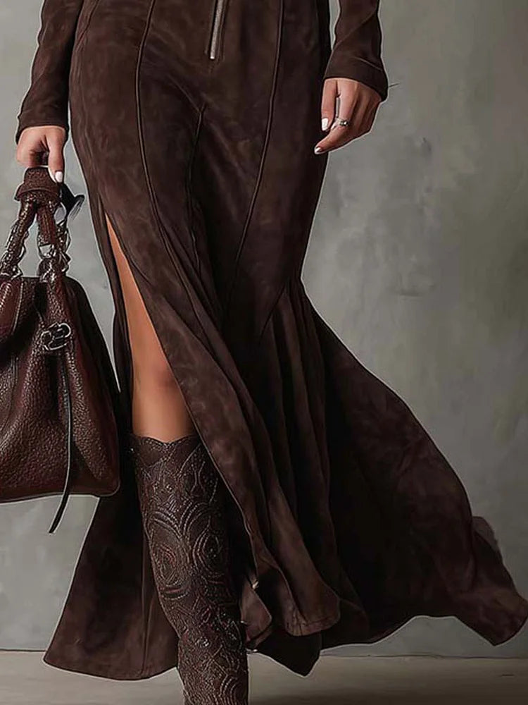 Marseille | Robe longue marron avec ceinture