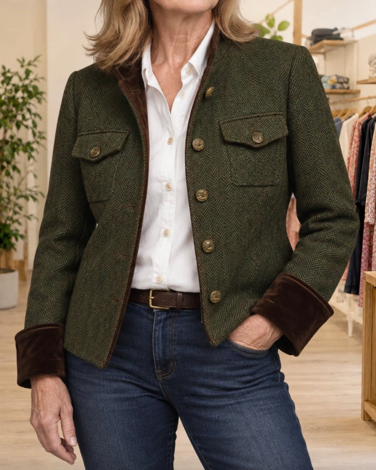Rowena | Herringbone Contrast Trim Blazer