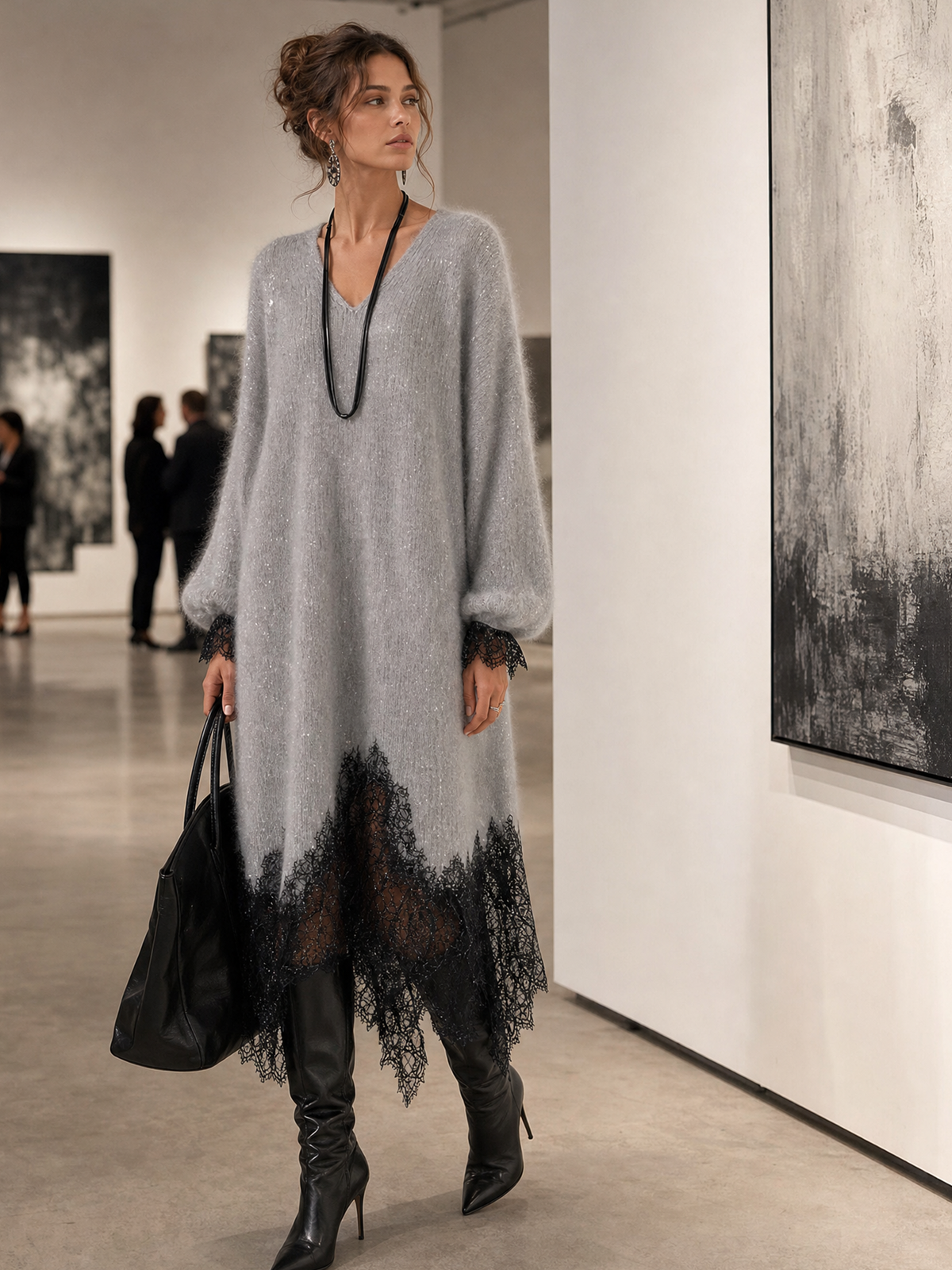 Sedona | Gray Shimmer Knit Midi Dress with Lace Hem