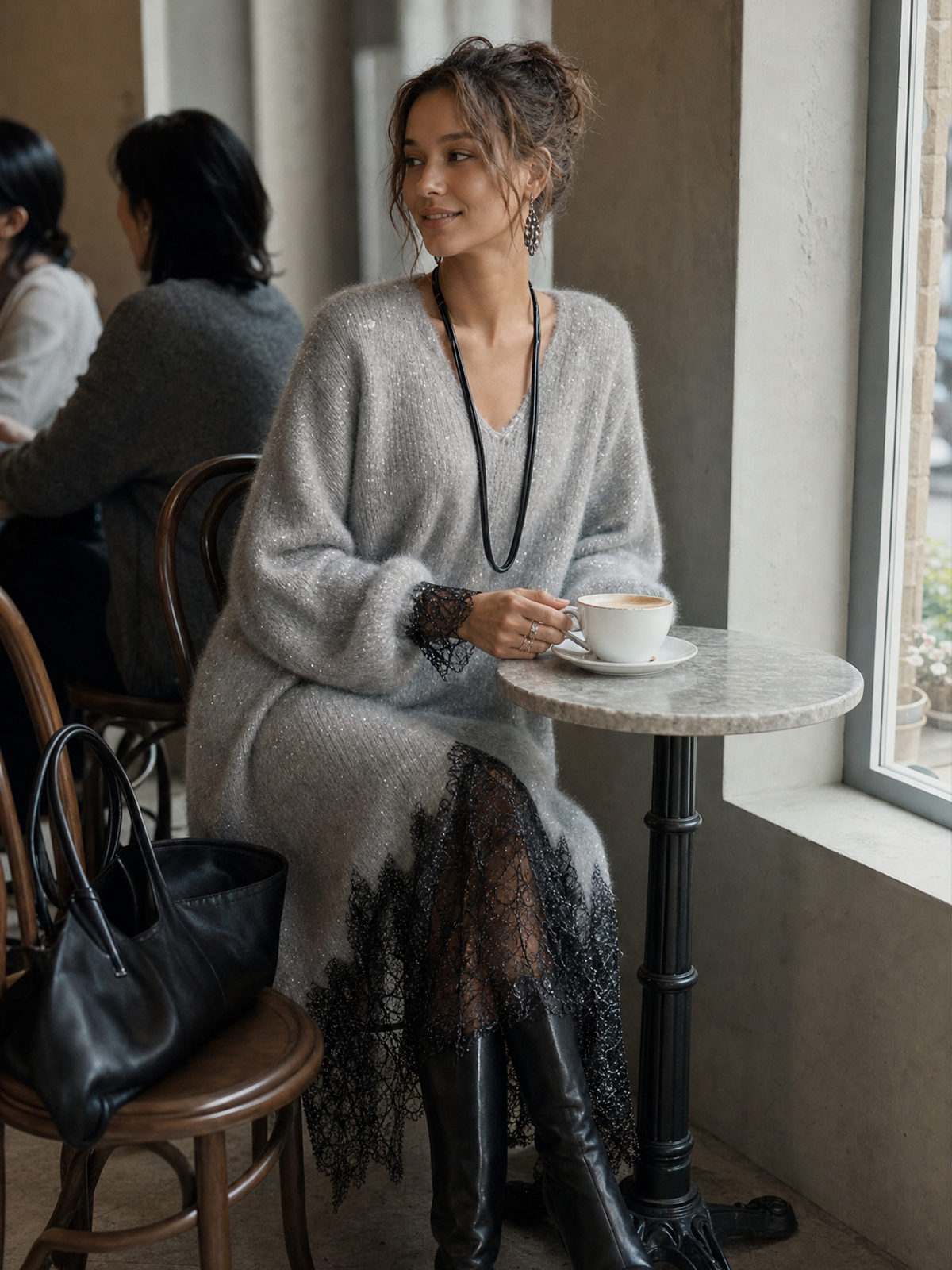 Sedona | Gray Shimmer Knit Midi Dress with Lace Hem