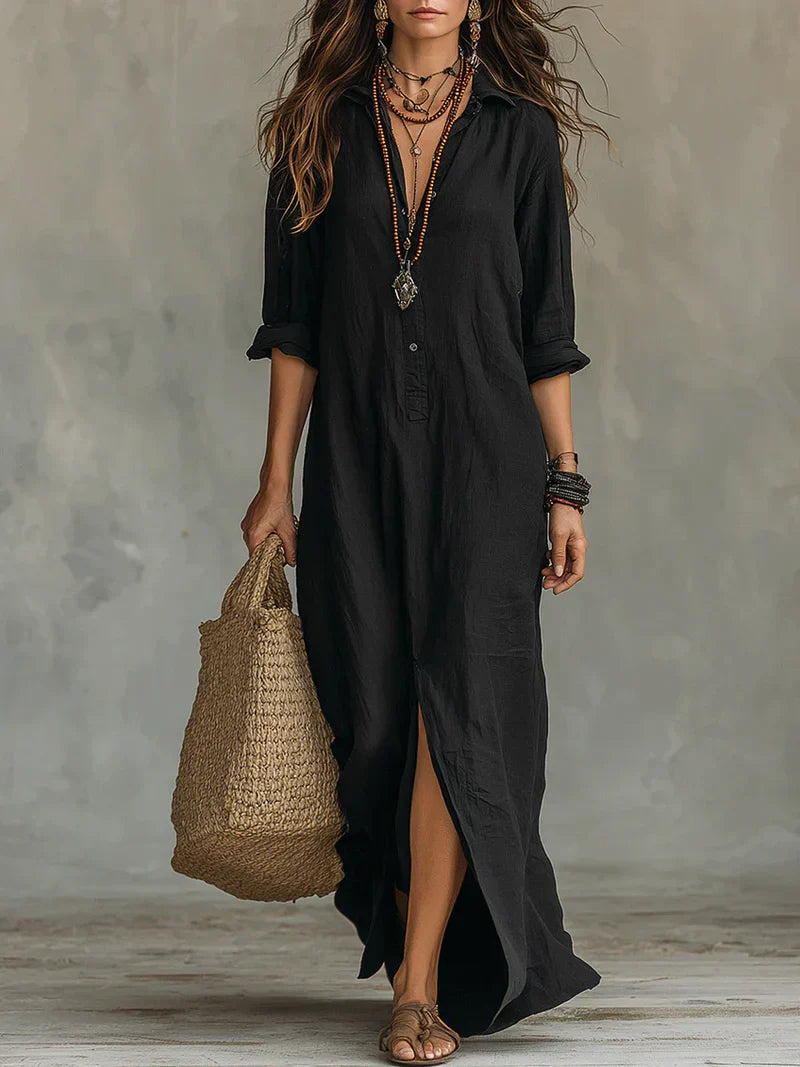 Célinnela | Loose Black Button-Down Maxi Dress