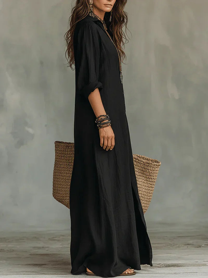 Célinnela | Loose Black Button-Down Maxi Dress