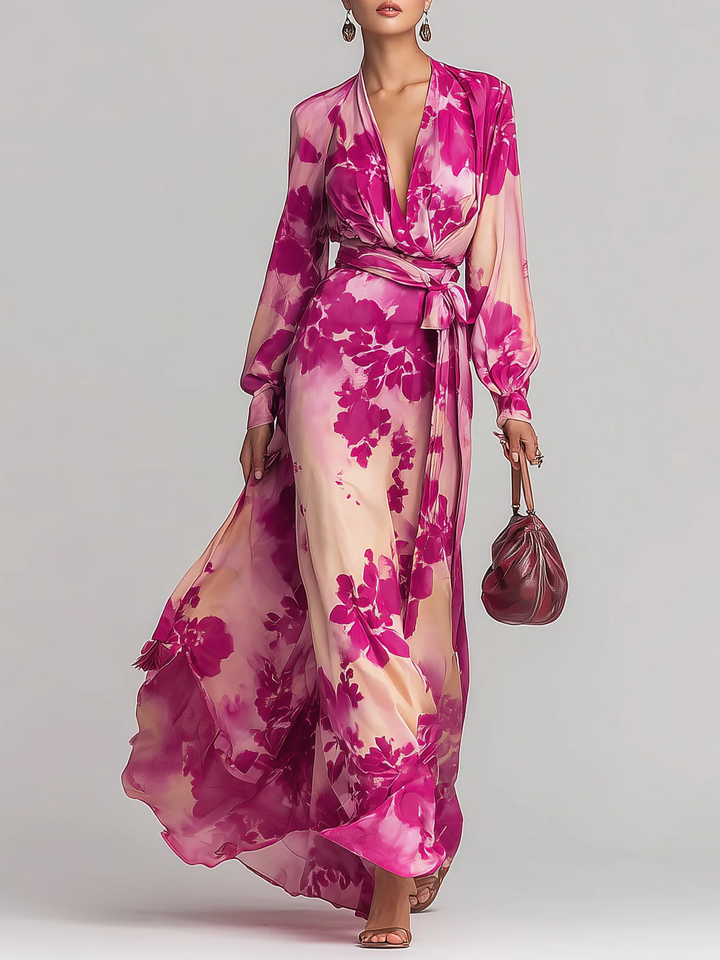 Yulia | Robe longue fleurie col V avec ceinture