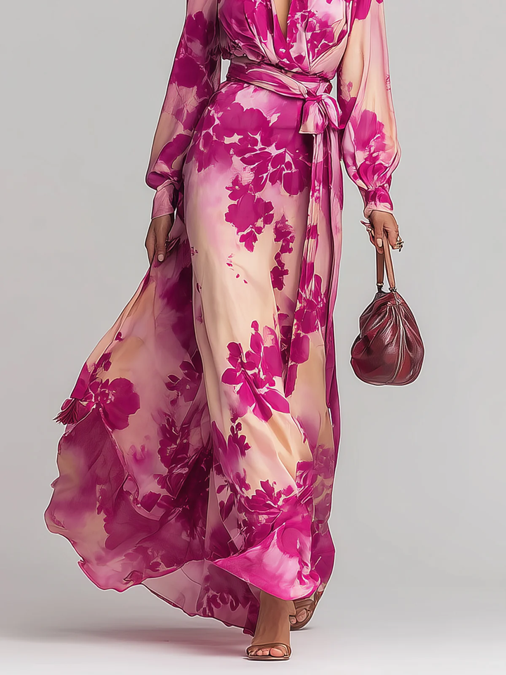 Yulia | Robe longue fleurie col V avec ceinture