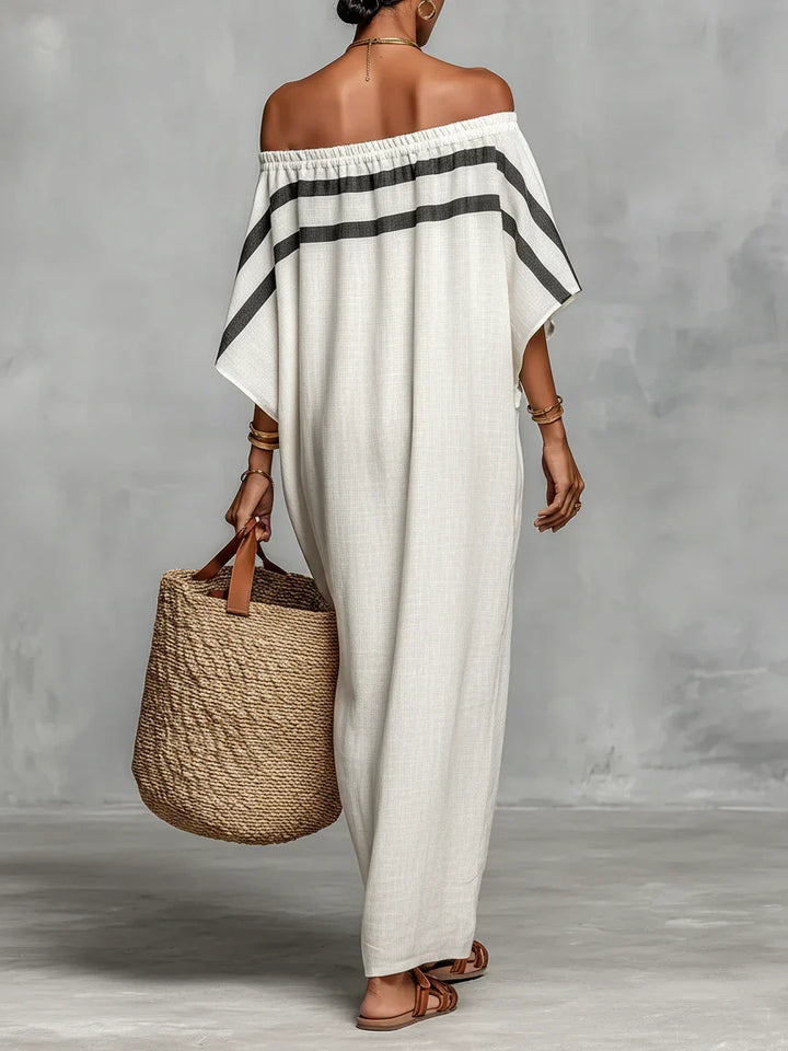 Naiara | Robe Maxi Lin Épaules Nues Rayures