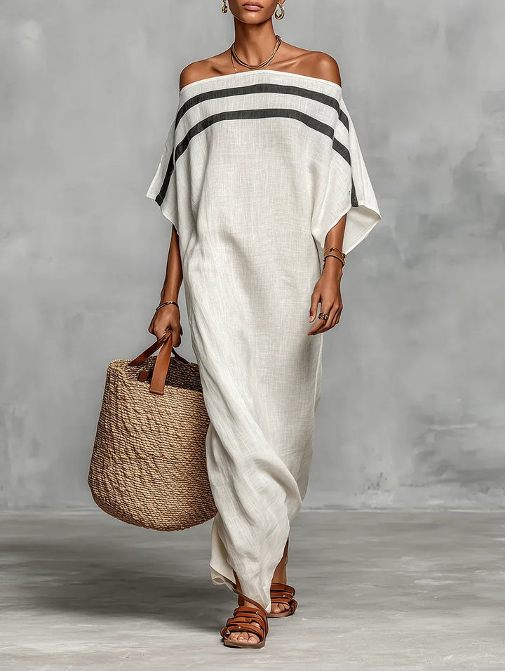 Naiara | Robe Maxi Lin Épaules Nues Rayures