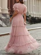 Rosalind | Blush V-Neck Tiered Ruffle Flutter-Sleeve Maxi Dress