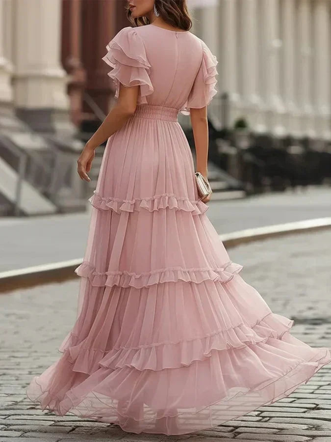 Rosalind | Blush V-Neck Tiered Ruffle Flutter-Sleeve Maxi Dress