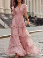 Rosalind | Blush V-Neck Tiered Ruffle Flutter-Sleeve Maxi Dress