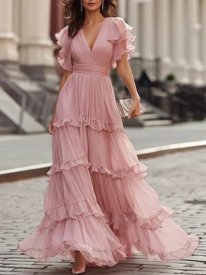 Rosalind | Blush V-Neck Tiered Ruffle Flutter-Sleeve Maxi Dress