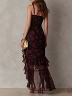 Lane | Rose Print Lace-Trim Ruffle High-Low Dress