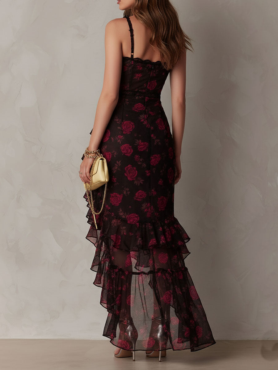 Lane | Rose Print Lace-Trim Ruffle High-Low Dress
