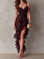 Lane | Rose Print Lace-Trim Ruffle High-Low Dress