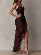 Lane | Rose Print Lace-Trim Ruffle High-Low Dress