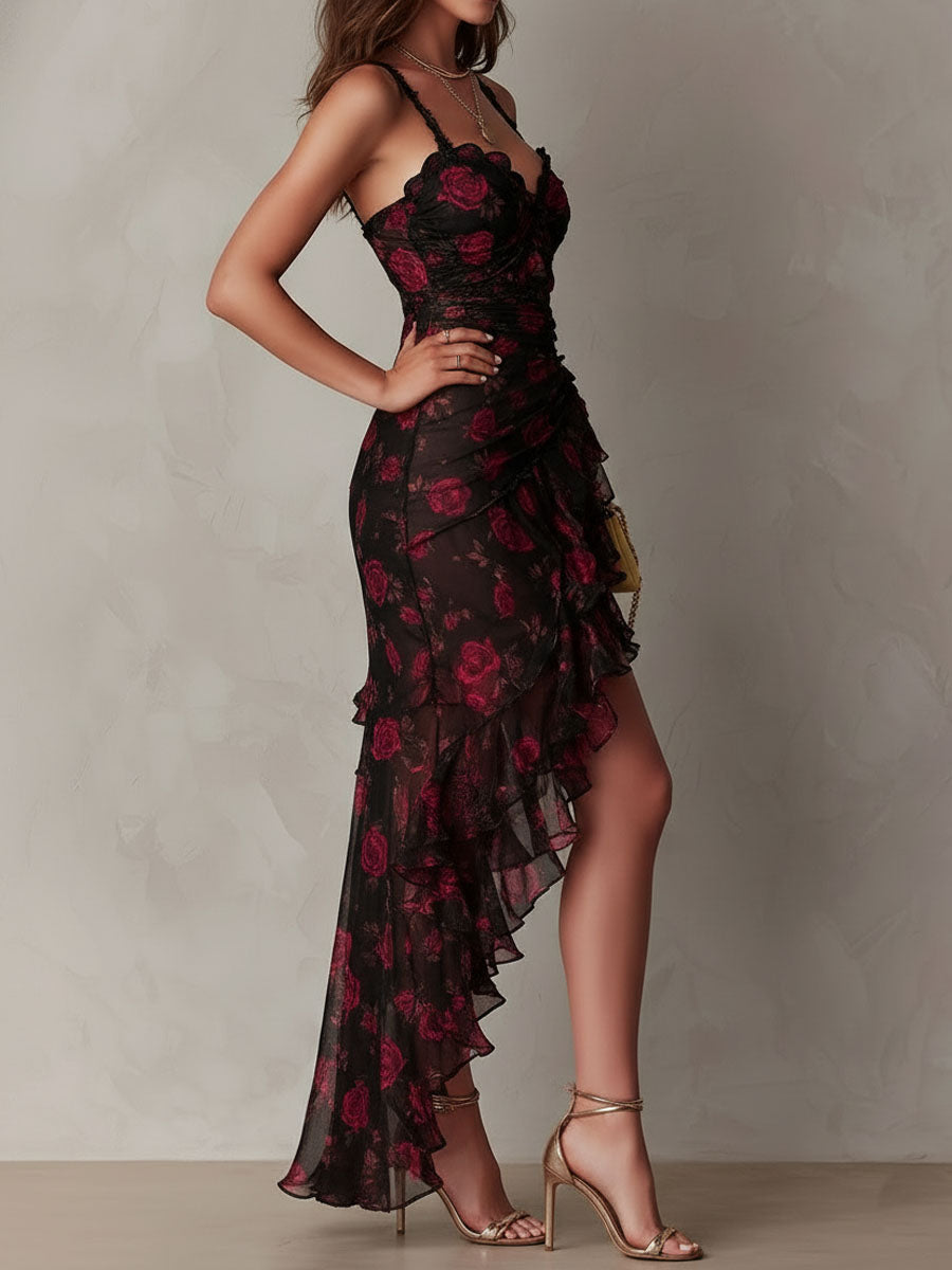 Lane | Rose Print Lace-Trim Ruffle High-Low Dress