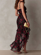 Lane | Rose Print Lace-Trim Ruffle High-Low Dress