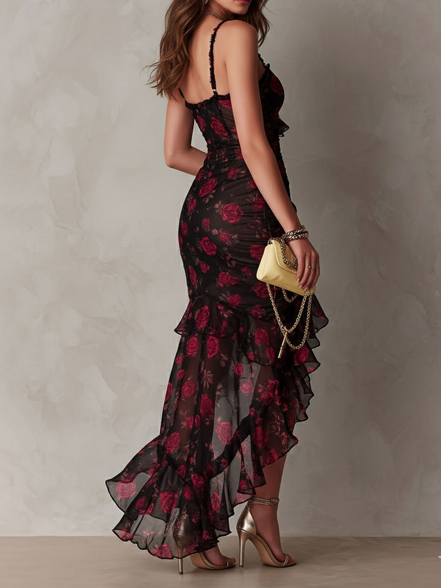 Lane | Rose Print Lace-Trim Ruffle High-Low Dress