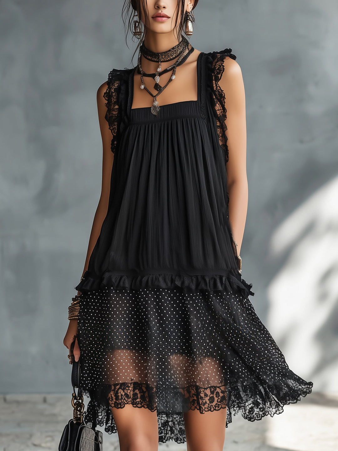 Delphy | Black Sheer Polka Dot & Lace Mini Dress