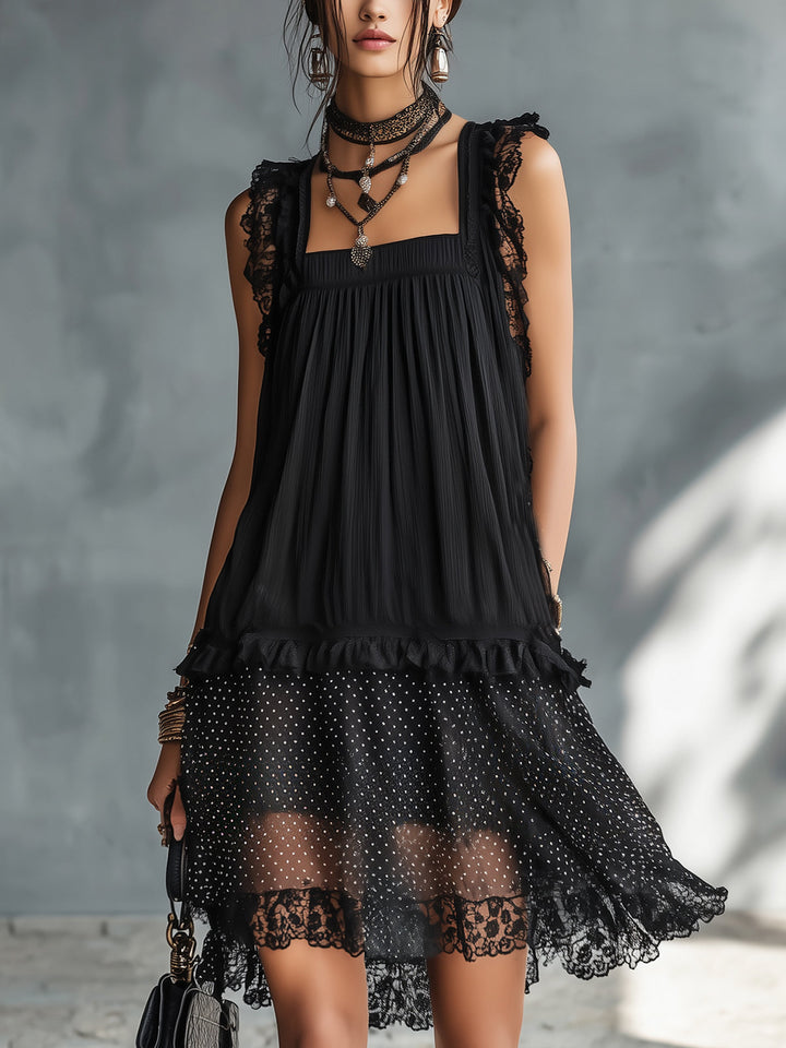 Delphy | Black Sheer Polka Dot & Lace Mini Dress