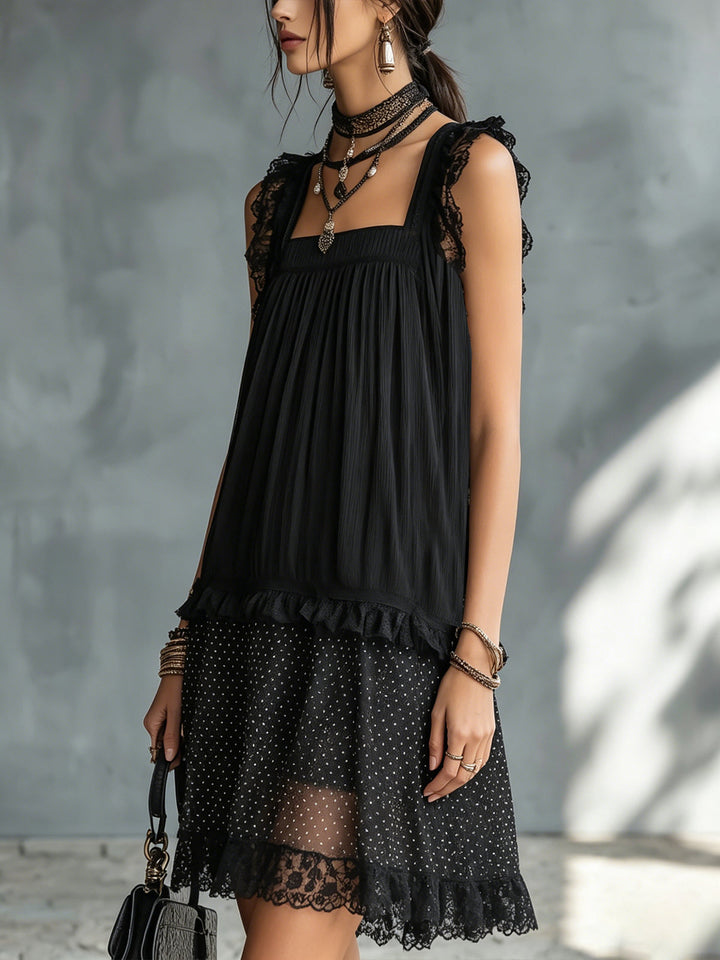 Delphy | Black Sheer Polka Dot & Lace Mini Dress