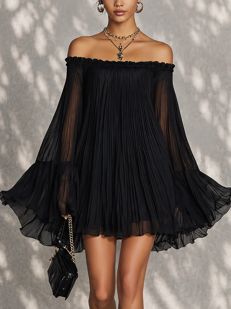 Léonie | Black off-the-shoulder flared-sleeve mini dress