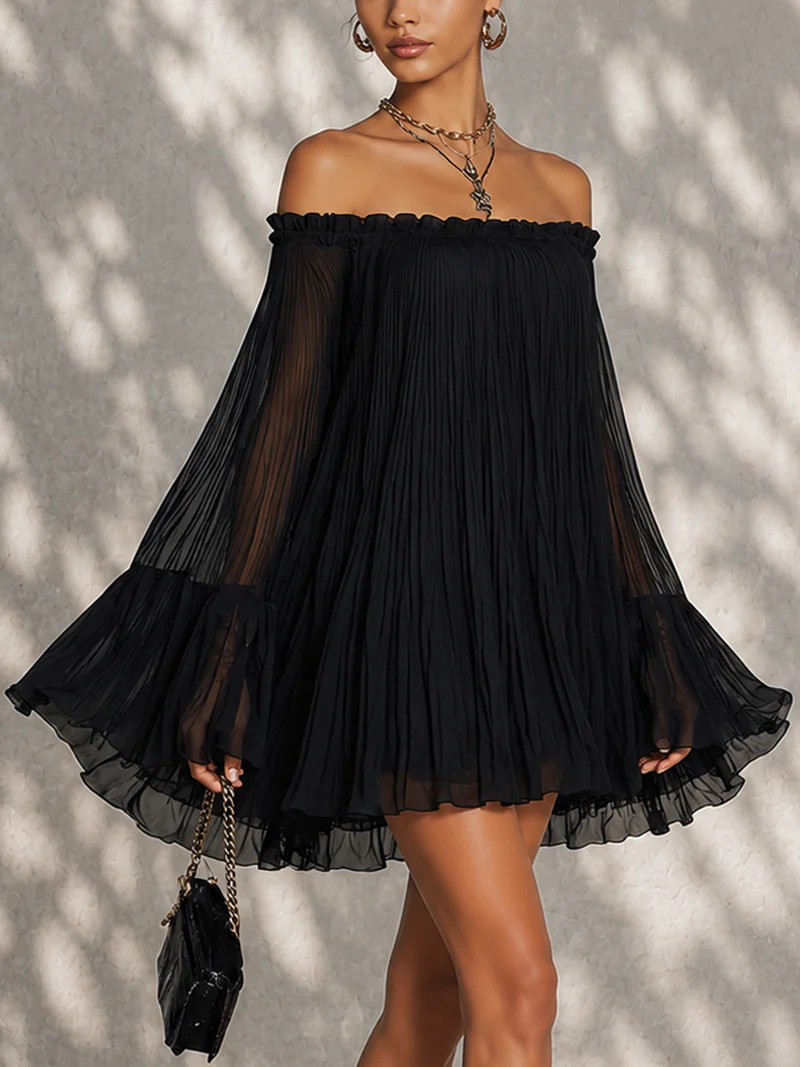 Léonie | Black off-the-shoulder flared-sleeve mini dress