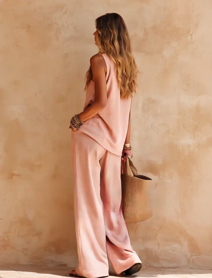 Zoey | One-Shoulder Halter Top & Wide-Leg Trouser Set
