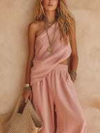 Zoey | One-Shoulder Halter Top & Wide-Leg Trouser Set