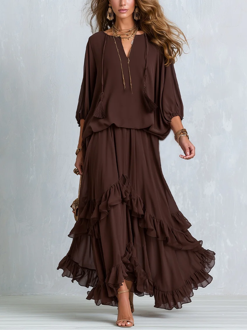 Marlowe | Ruffle-Tiered Maxi Skirt & Tassel-Tie Blouson Top Set