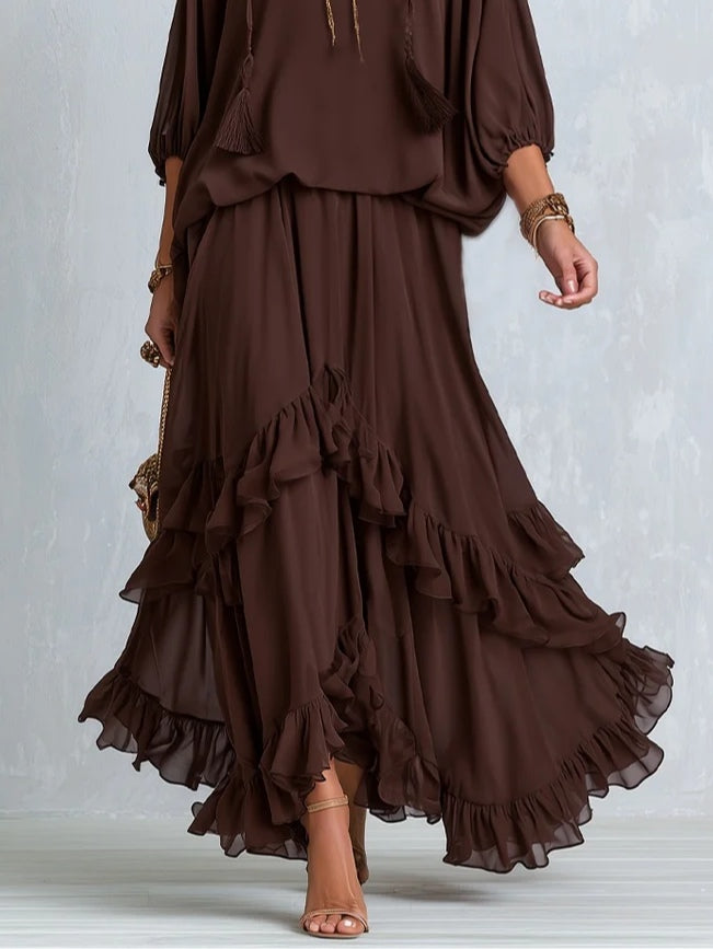 Marlowe | Ruffle-Tiered Maxi Skirt & Tassel-Tie Blouson Top Set