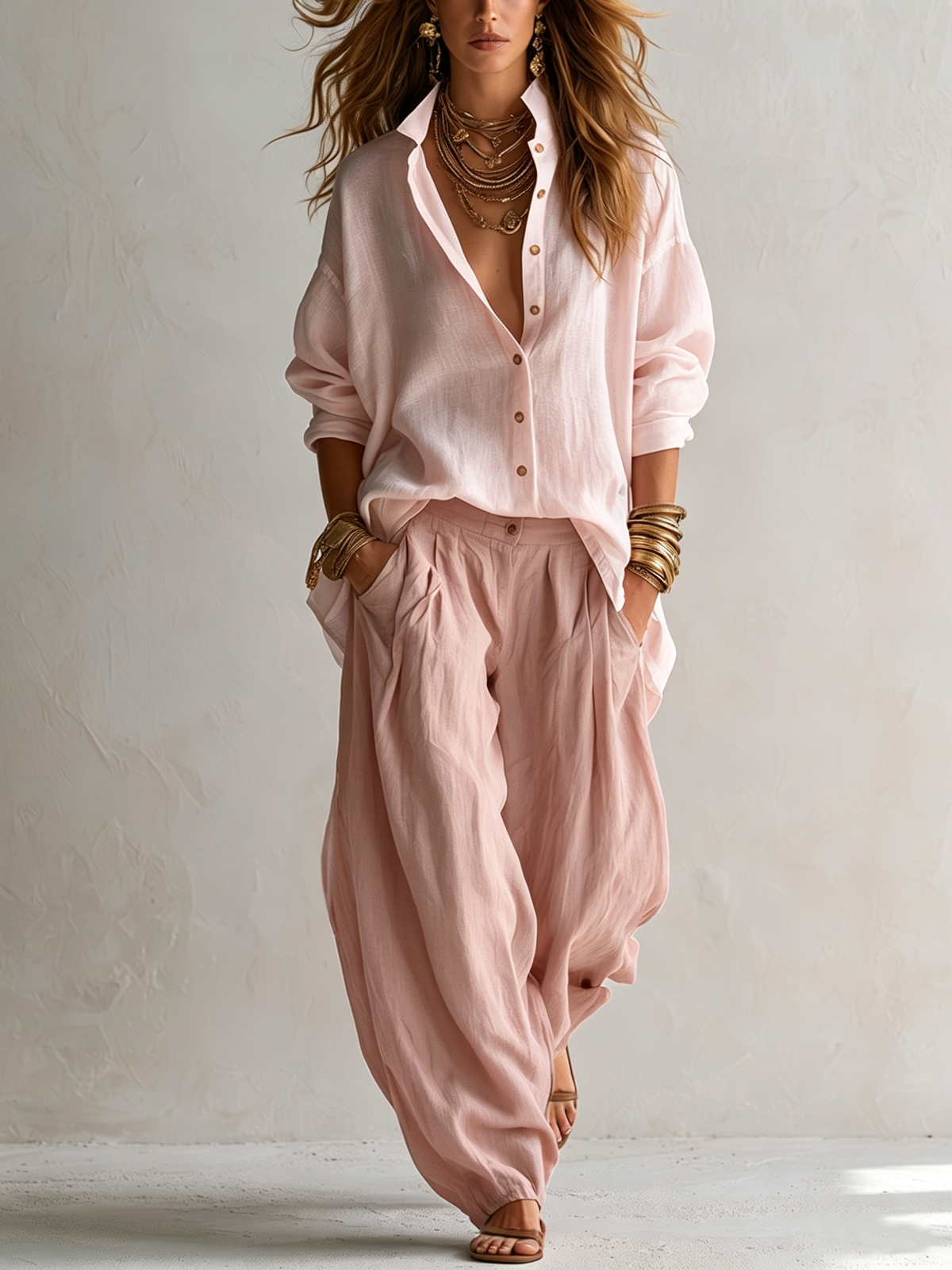 Josephine | Blush Button-Front Shirt & Lantern Pants Set