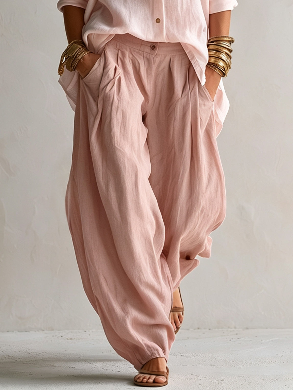 Harper | Relaxed Linen-Look Button Shirt & Olive Balloon Pants Set