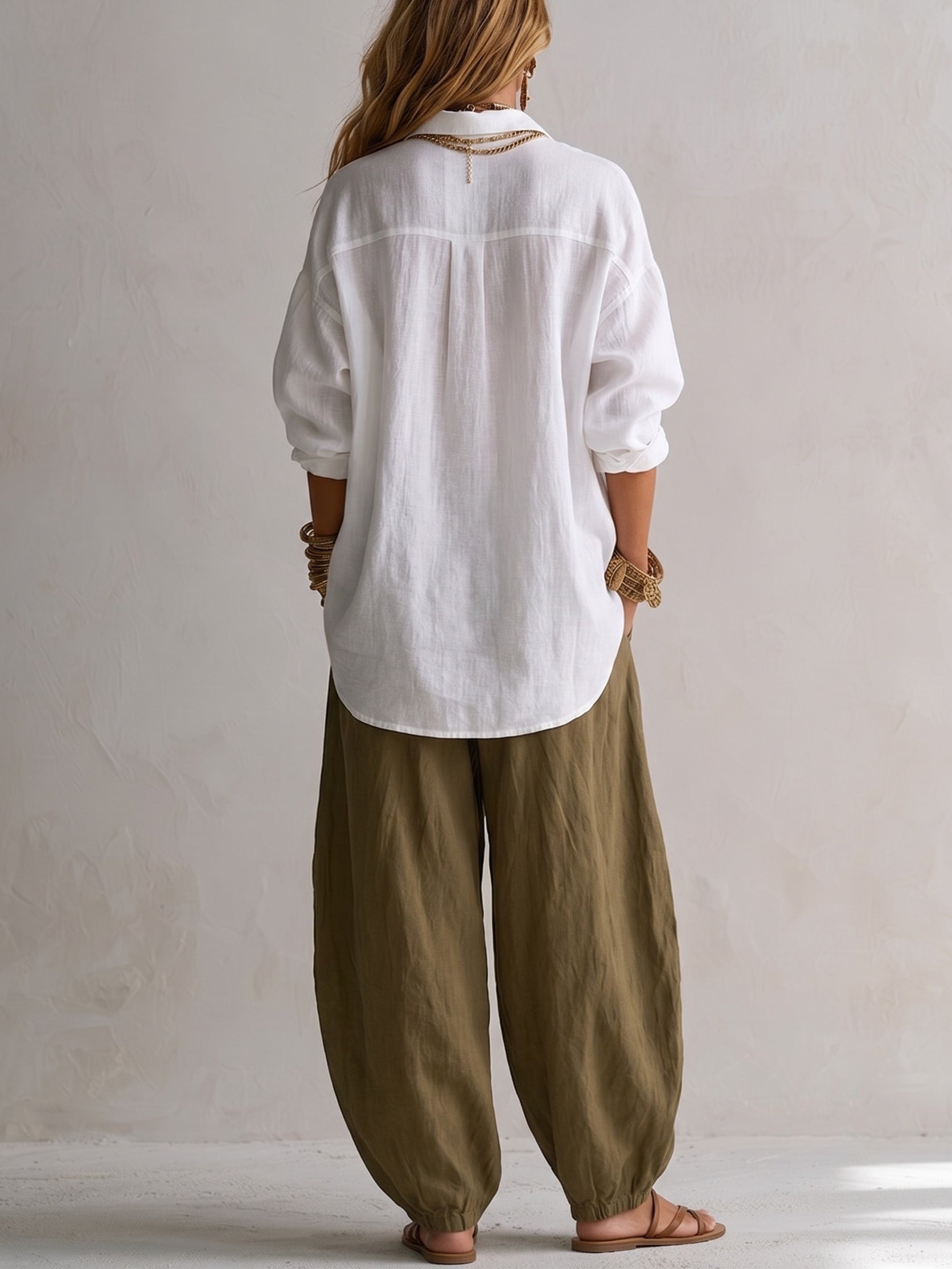 Harper | Relaxed Linen-Look Button Shirt & Olive Balloon Pants Set