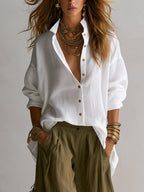 Harper | Relaxed Linen-Look Button Shirt & Olive Balloon Pants Set