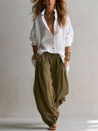 Harper | Relaxed Linen-Look Button Shirt & Olive Balloon Pants Set