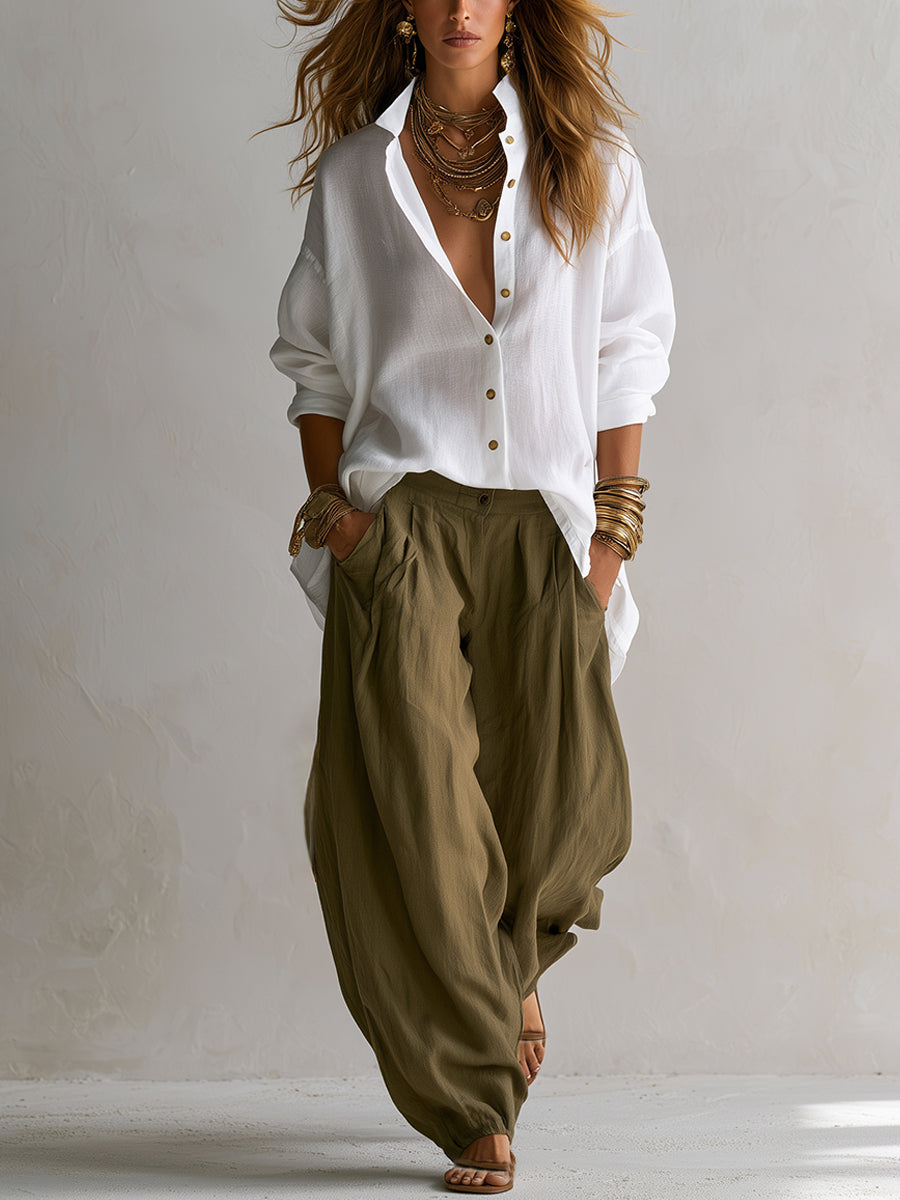 Harper | Relaxed Linen-Look Button Shirt & Olive Balloon Pants Set