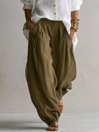 Harper | Relaxed Linen-Look Button Shirt & Olive Balloon Pants Set