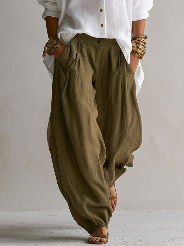 Harper | Relaxed Linen-Look Button Shirt & Olive Balloon Pants Set