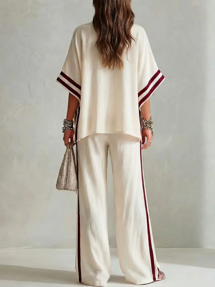 Valentine| Striped Color-Block Wide-Leg Pants Two-Piece Set