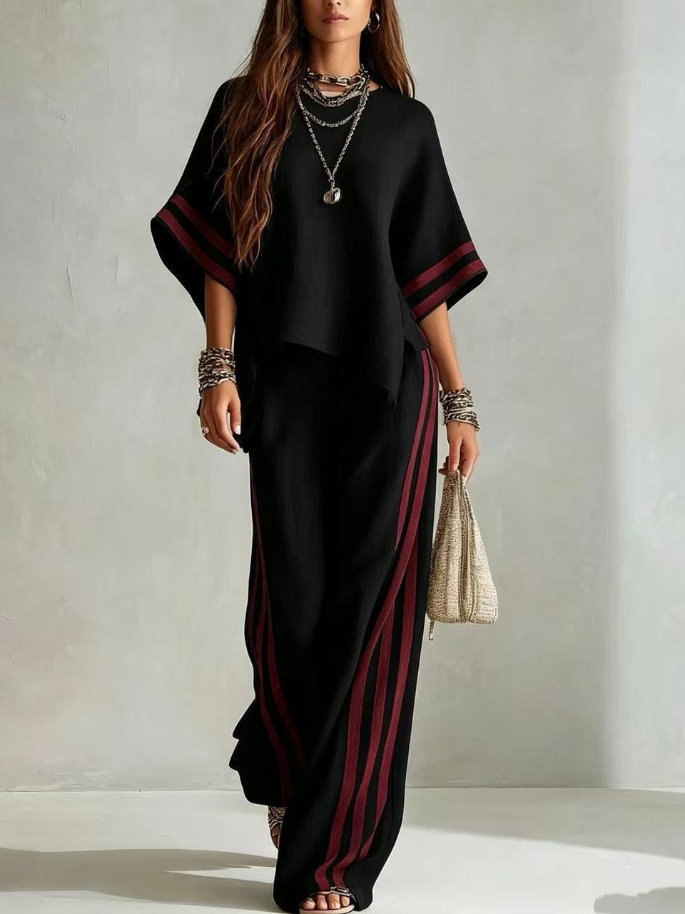 Valentine| Striped Color-Block Wide-Leg Pants Two-Piece Set