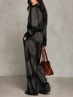 Victoria | Paisley Print Satin Long-Sleeve Shirt & Wide-Leg Trouser Set