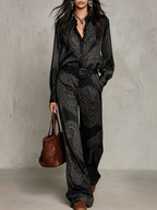 Victoria | Paisley Print Satin Long-Sleeve Shirt & Wide-Leg Trouser Set