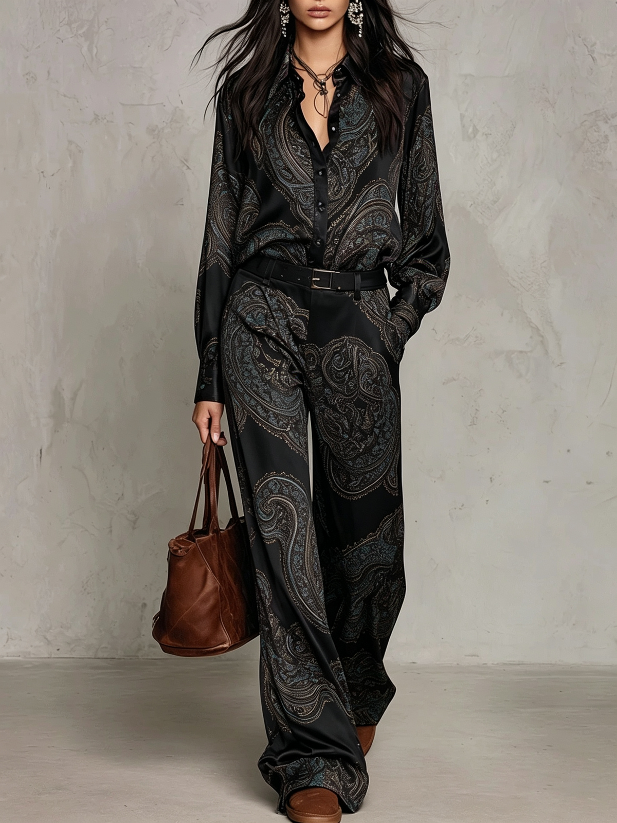 Victoria | Paisley Print Satin Long-Sleeve Shirt & Wide-Leg Trouser Set