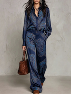 Victoria | Paisley Print Satin Long-Sleeve Shirt & Wide-Leg Trouser Set