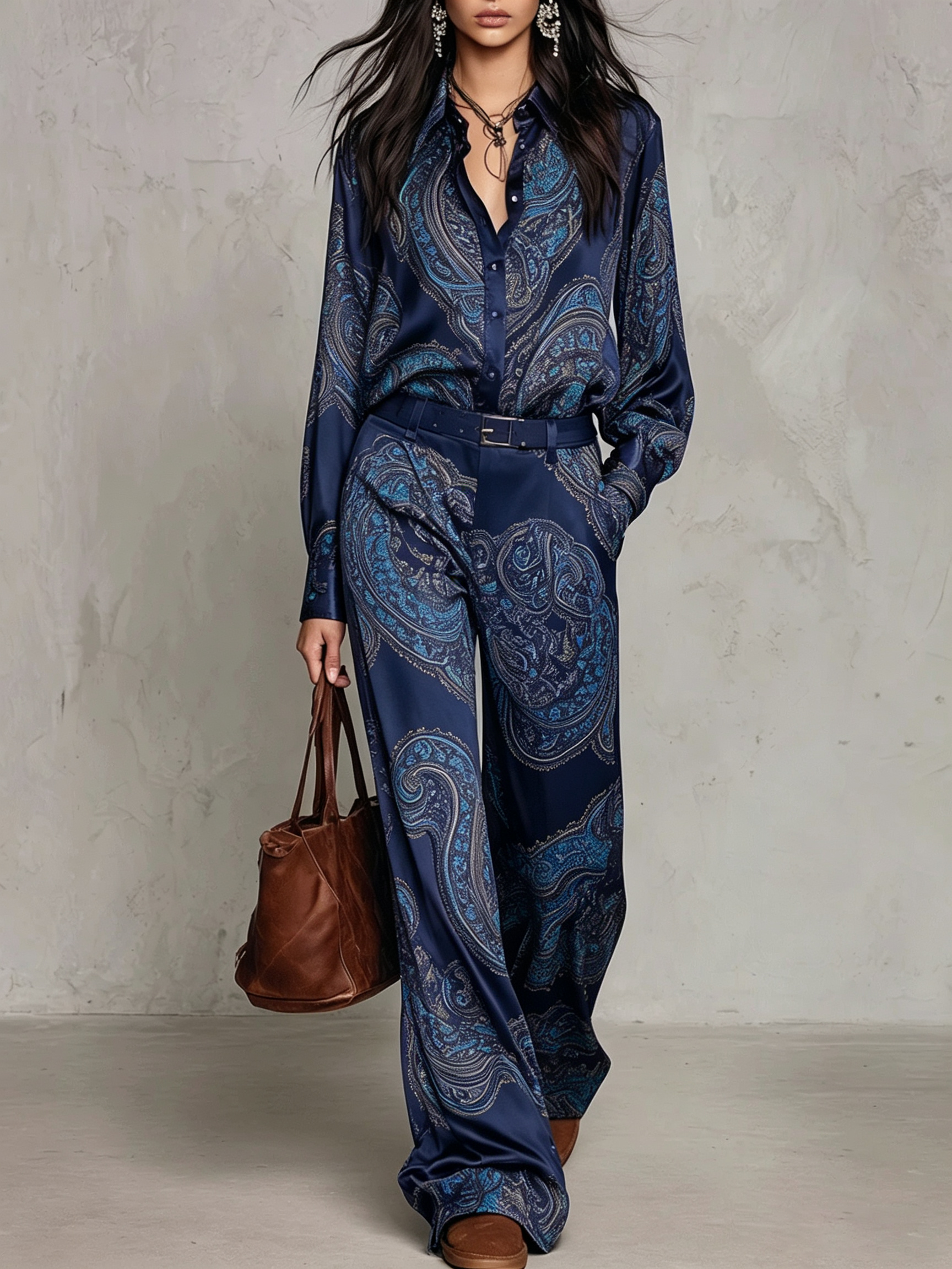 Victoria | Paisley Print Satin Long-Sleeve Shirt & Wide-Leg Trouser Set